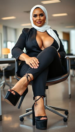 A powerful businesswoman in her 50s, confidently sitting in an office environment