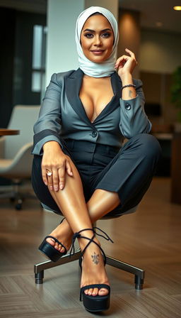 A confident businesswoman in her 50s, striking a powerful pose in an office setting