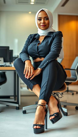 A confident businesswoman in her 50s, striking a powerful pose in an office setting
