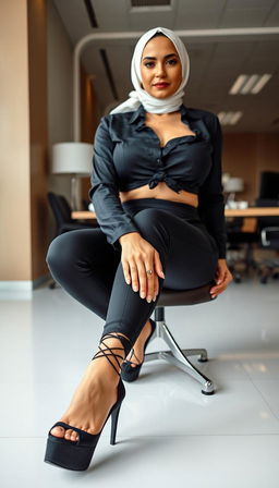 A confident businesswoman in her 50s, striking a powerful pose in an office setting