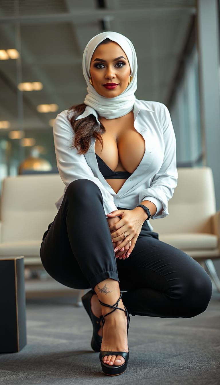 A confident businesswoman in her 50s, striking a powerful pose in an office setting