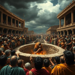 A dramatic scene depicting an ancient arena filled with tension, showcasing a fierce lion roaring inside an ornate stone pit