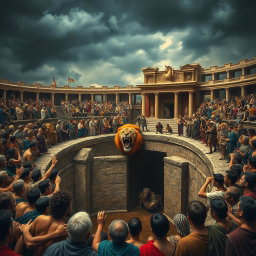 A dramatic scene depicting an ancient arena filled with tension, showcasing a fierce lion roaring inside an ornate stone pit