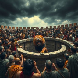 A dramatic scene depicting an ancient arena filled with tension, showcasing a fierce lion roaring inside an ornate stone pit