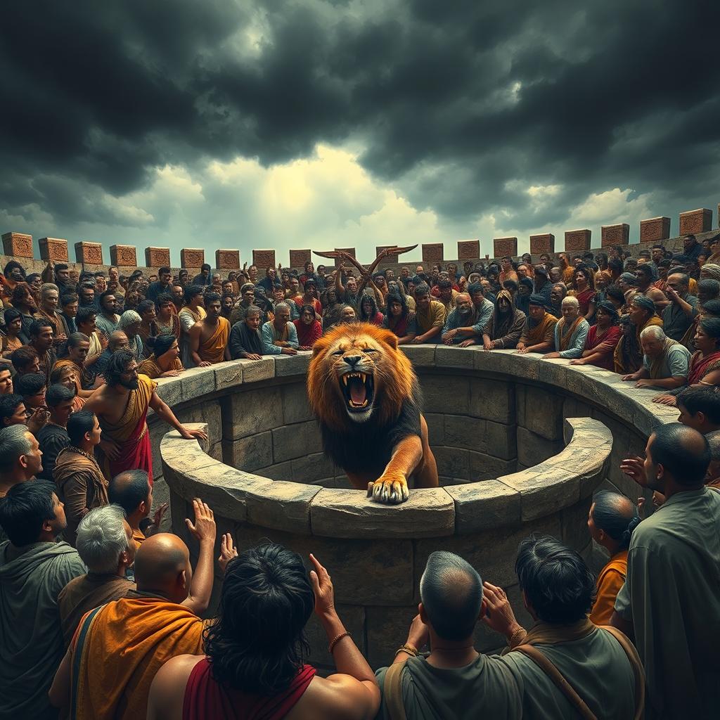 A dramatic scene depicting an ancient arena filled with tension, showcasing a fierce lion roaring inside an ornate stone pit