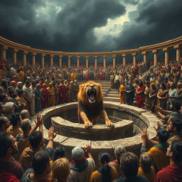 A dramatic scene depicting an ancient arena filled with tension, showcasing a fierce lion roaring inside an ornate stone pit