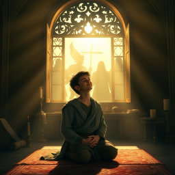 A powerful and inspirational scene depicting a brave young man named Daniel in a quiet, serene chamber, kneeling in prayer