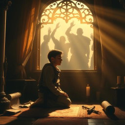 A powerful and inspirational scene depicting a brave young man named Daniel in a quiet, serene chamber, kneeling in prayer