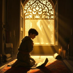 A powerful and inspirational scene depicting a brave young man named Daniel in a quiet, serene chamber, kneeling in prayer