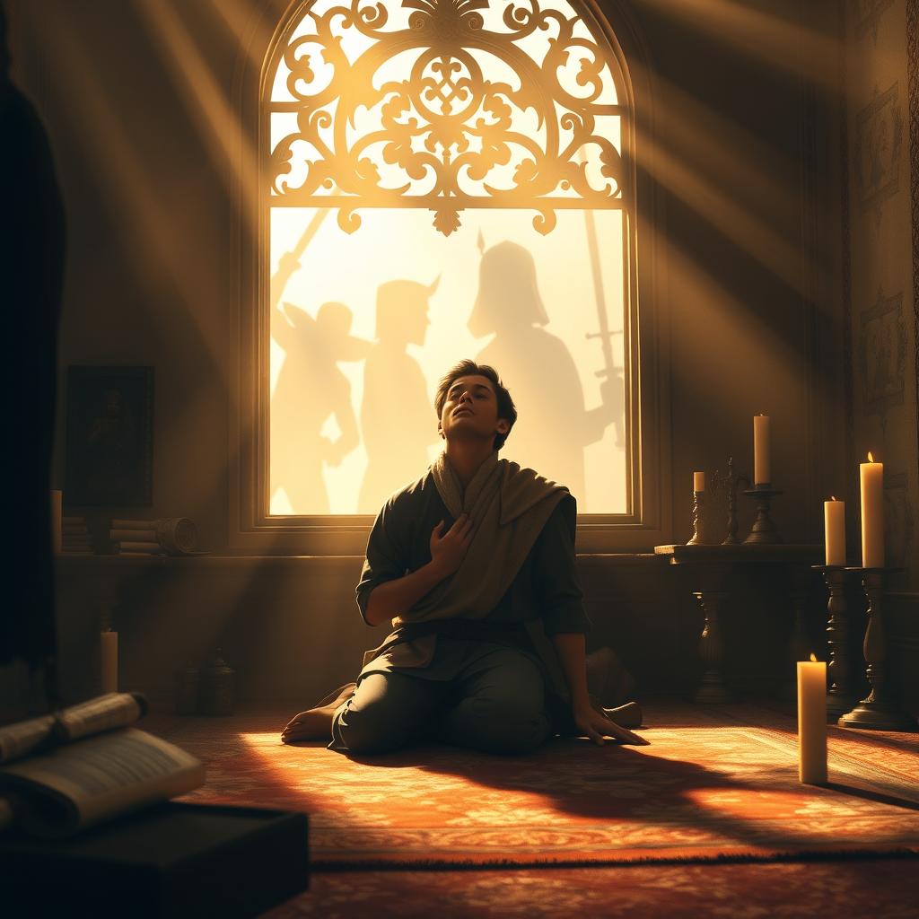 A powerful and inspirational scene depicting a brave young man named Daniel in a quiet, serene chamber, kneeling in prayer