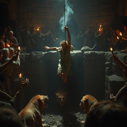 An intense moment captured as a brave figure is being dramatically thrown into a dark, fearsome lion's den