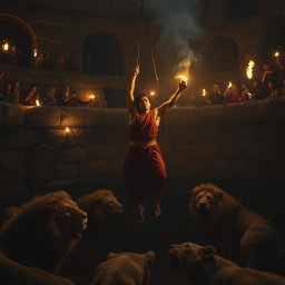 An intense moment captured as a brave figure is being dramatically thrown into a dark, fearsome lion's den