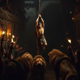 An intense moment captured as a brave figure is being dramatically thrown into a dark, fearsome lion's den