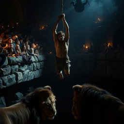 An intense moment captured as a brave figure is being dramatically thrown into a dark, fearsome lion's den