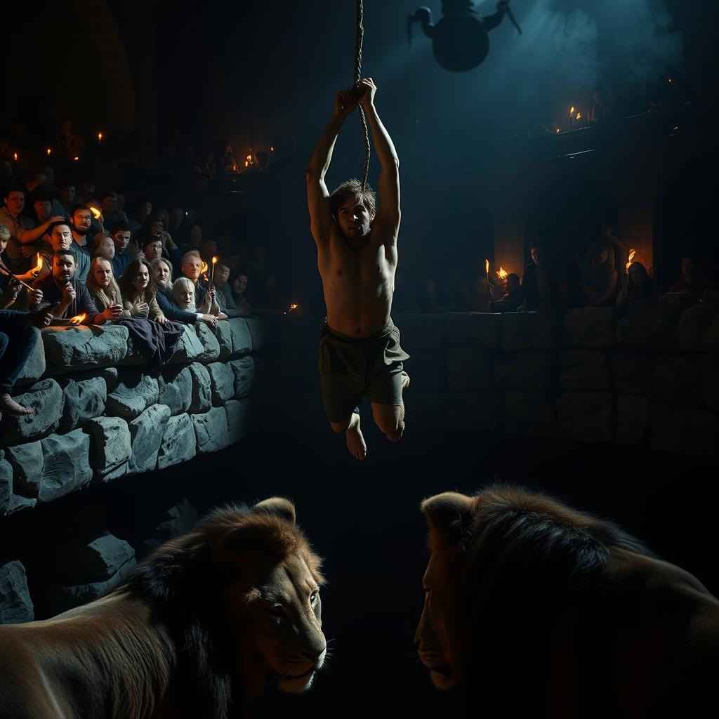 An intense moment captured as a brave figure is being dramatically thrown into a dark, fearsome lion's den