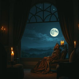An evocative nighttime scene of a troubled king sitting alone in his lavishly decorated chamber, surrounded by opulent furnishings