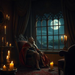 An evocative nighttime scene of a troubled king sitting alone in his lavishly decorated chamber, surrounded by opulent furnishings