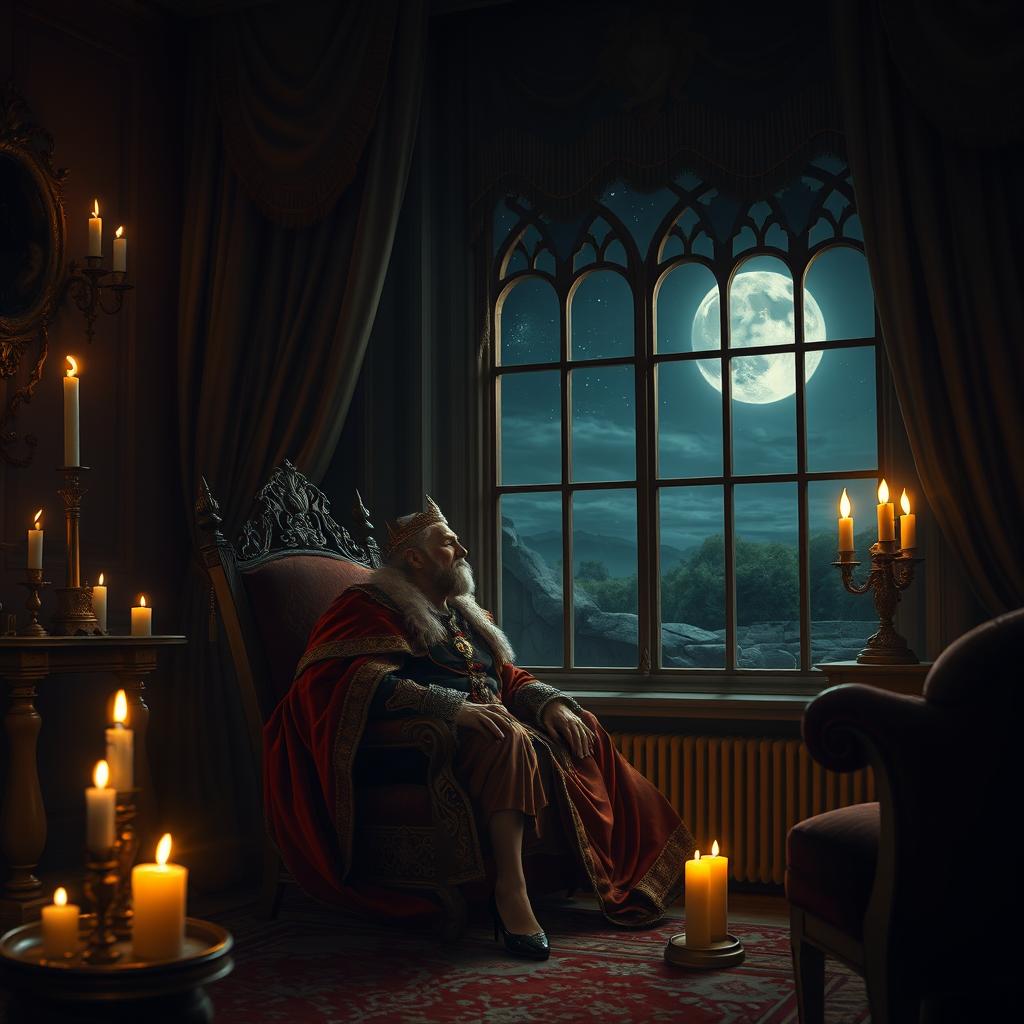 An evocative nighttime scene of a troubled king sitting alone in his lavishly decorated chamber, surrounded by opulent furnishings