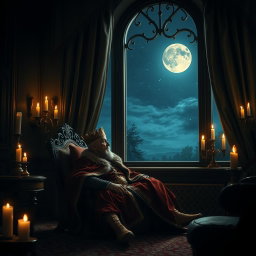 An evocative nighttime scene of a troubled king sitting alone in his lavishly decorated chamber, surrounded by opulent furnishings