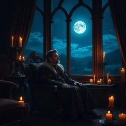 An evocative nighttime scene of a troubled king sitting alone in his lavishly decorated chamber, surrounded by opulent furnishings