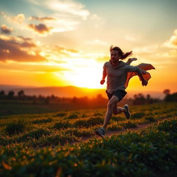 An exhilarating sunrise scene capturing a determined figure sprinting across a vibrant landscape as the first light of dawn breaks through the horizon