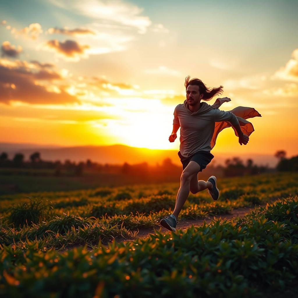 An exhilarating sunrise scene capturing a determined figure sprinting across a vibrant landscape as the first light of dawn breaks through the horizon