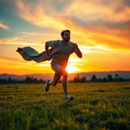An exhilarating sunrise scene capturing a determined figure sprinting across a vibrant landscape as the first light of dawn breaks through the horizon