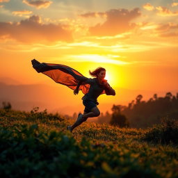 An exhilarating sunrise scene capturing a determined figure sprinting across a vibrant landscape as the first light of dawn breaks through the horizon