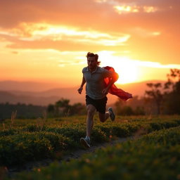 An exhilarating sunrise scene capturing a determined figure sprinting across a vibrant landscape as the first light of dawn breaks through the horizon