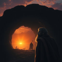 A powerful scene depicting a weary king standing at the entrance of a dark lion's den just as dawn breaks