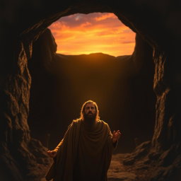 A powerful scene depicting a weary king standing at the entrance of a dark lion's den just as dawn breaks