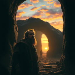 A powerful scene depicting a weary king standing at the entrance of a dark lion's den just as dawn breaks