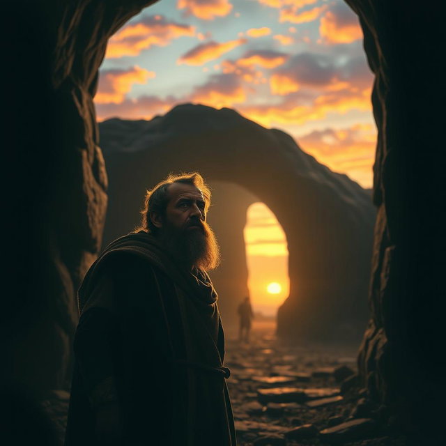 A powerful scene depicting a weary king standing at the entrance of a dark lion's den just as dawn breaks