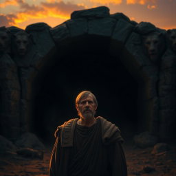 A powerful scene depicting a weary king standing at the entrance of a dark lion's den just as dawn breaks
