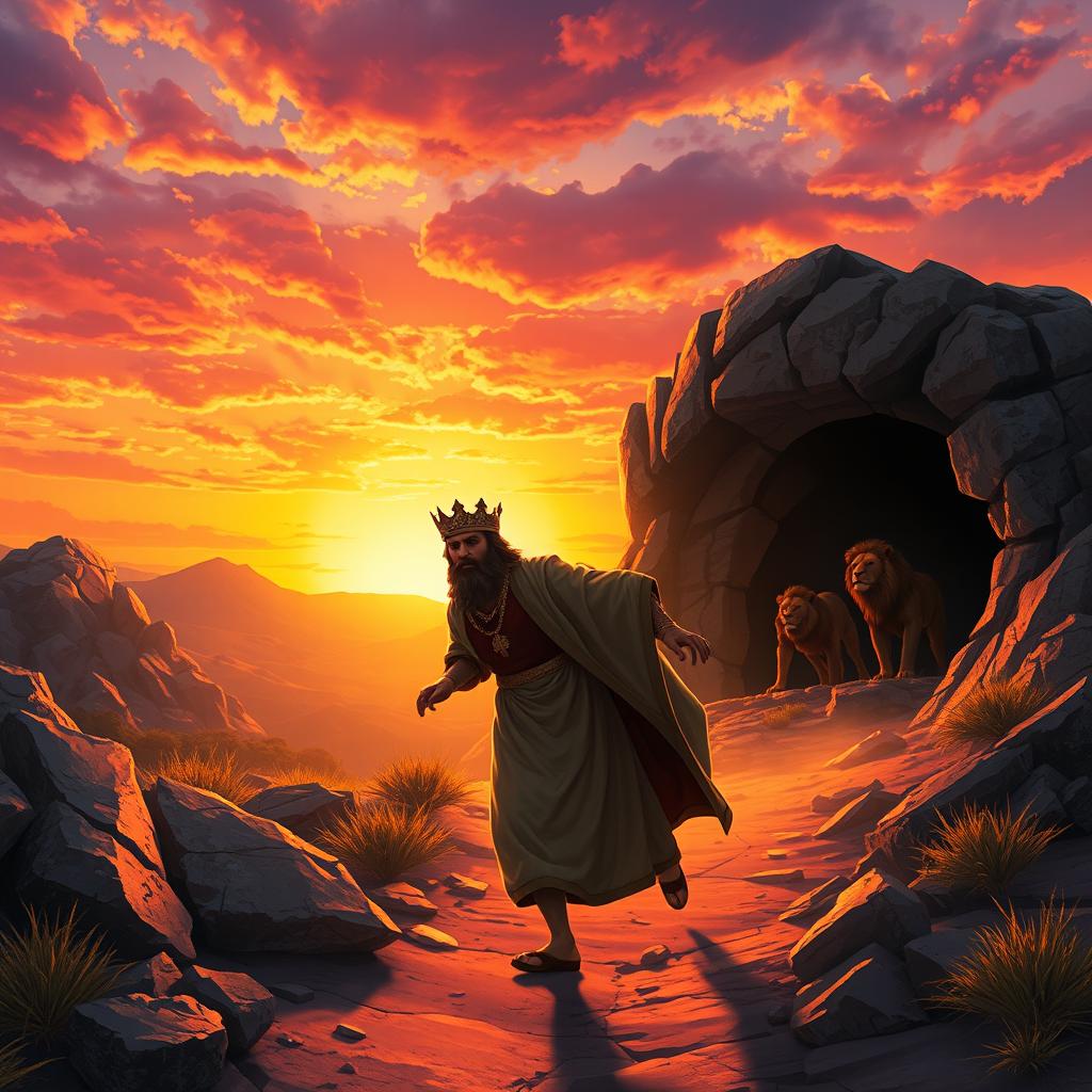 A dramatic scene depicting a distressed king in regal attire rushing towards a fearsome lion's den as dawn breaks behind him
