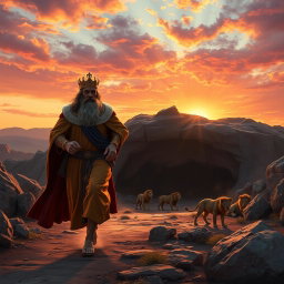A dramatic scene depicting a distressed king in regal attire rushing towards a fearsome lion's den as dawn breaks behind him