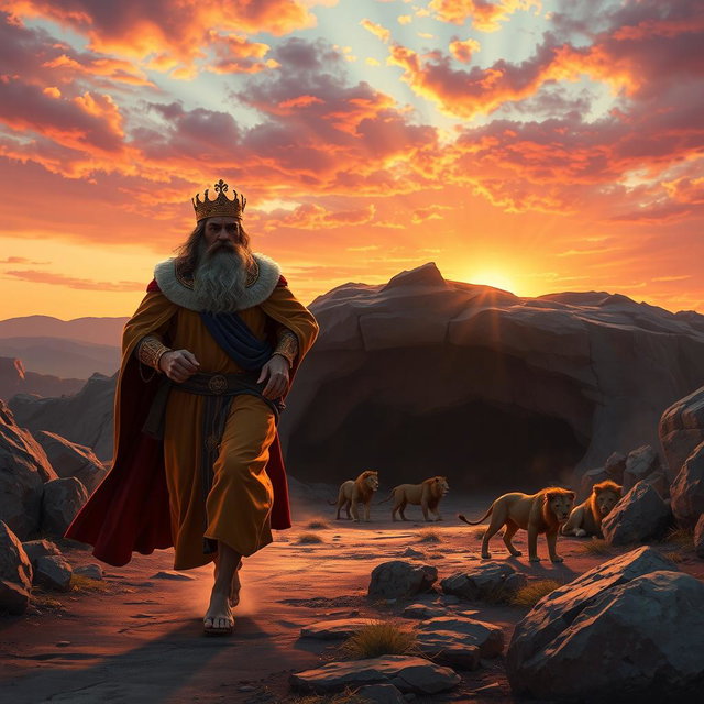 A dramatic scene depicting a distressed king in regal attire rushing towards a fearsome lion's den as dawn breaks behind him