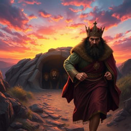 A dramatic scene depicting a distressed king in regal attire rushing towards a fearsome lion's den as dawn breaks behind him