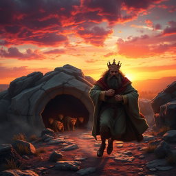 A dramatic scene depicting a distressed king in regal attire rushing towards a fearsome lion's den as dawn breaks behind him