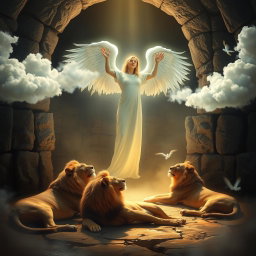 A serene and powerful scene depicting the moment described in Daniel's story, where an angel is seen standing gracefully in a dimly lit lion's den, with the lions lying peacefully at the angel's feet
