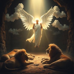 A serene and powerful scene depicting the moment described in Daniel's story, where an angel is seen standing gracefully in a dimly lit lion's den, with the lions lying peacefully at the angel's feet