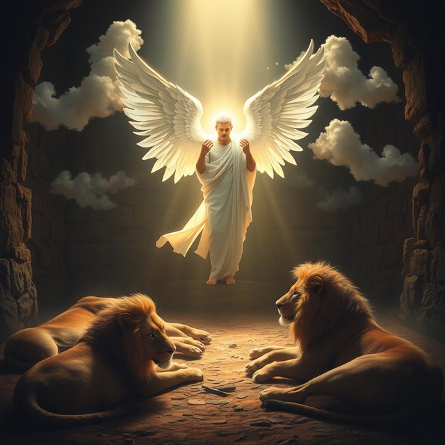 A serene and powerful scene depicting the moment described in Daniel's story, where an angel is seen standing gracefully in a dimly lit lion's den, with the lions lying peacefully at the angel's feet