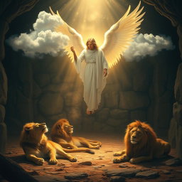 A serene and powerful scene depicting the moment described in Daniel's story, where an angel is seen standing gracefully in a dimly lit lion's den, with the lions lying peacefully at the angel's feet