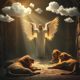 A serene and powerful scene depicting the moment described in Daniel's story, where an angel is seen standing gracefully in a dimly lit lion's den, with the lions lying peacefully at the angel's feet