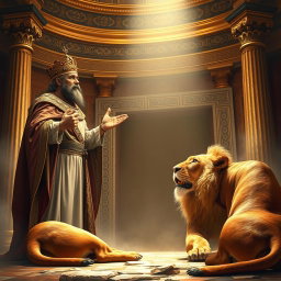 A dramatic scene capturing the moment a king, dressed in opulent royal attire, stands in awe as he orders the liberation of Daniel from the lion's den