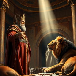 A dramatic scene capturing the moment a king, dressed in opulent royal attire, stands in awe as he orders the liberation of Daniel from the lion's den