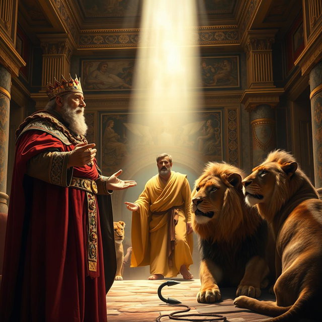 A dramatic scene capturing the moment a king, dressed in opulent royal attire, stands in awe as he orders the liberation of Daniel from the lion's den