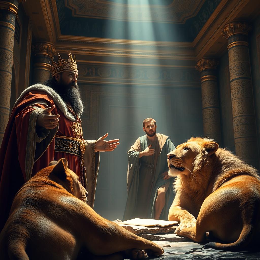 A dramatic scene capturing the moment a king, dressed in opulent royal attire, stands in awe as he orders the liberation of Daniel from the lion's den