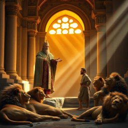 A captivating scene showing a king in ornate regal attire, visibly astonished, as he commands the release of Daniel from the lion's den