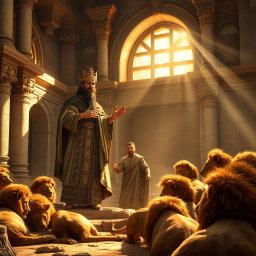 A captivating scene showing a king in ornate regal attire, visibly astonished, as he commands the release of Daniel from the lion's den